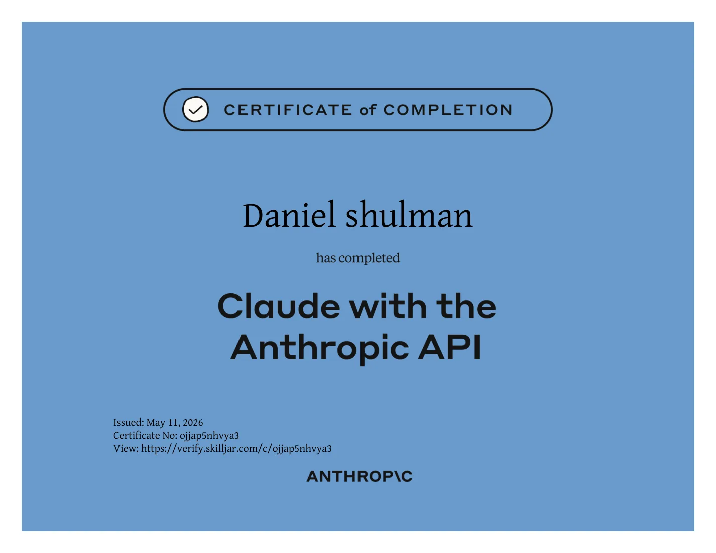 Preview of the Building with the Claude API certificate